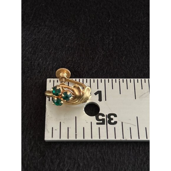 Vintage Gold-Tone Screw Back Earrings W/ Green Rhinestone & Swirl Design - Picture 4 of 4